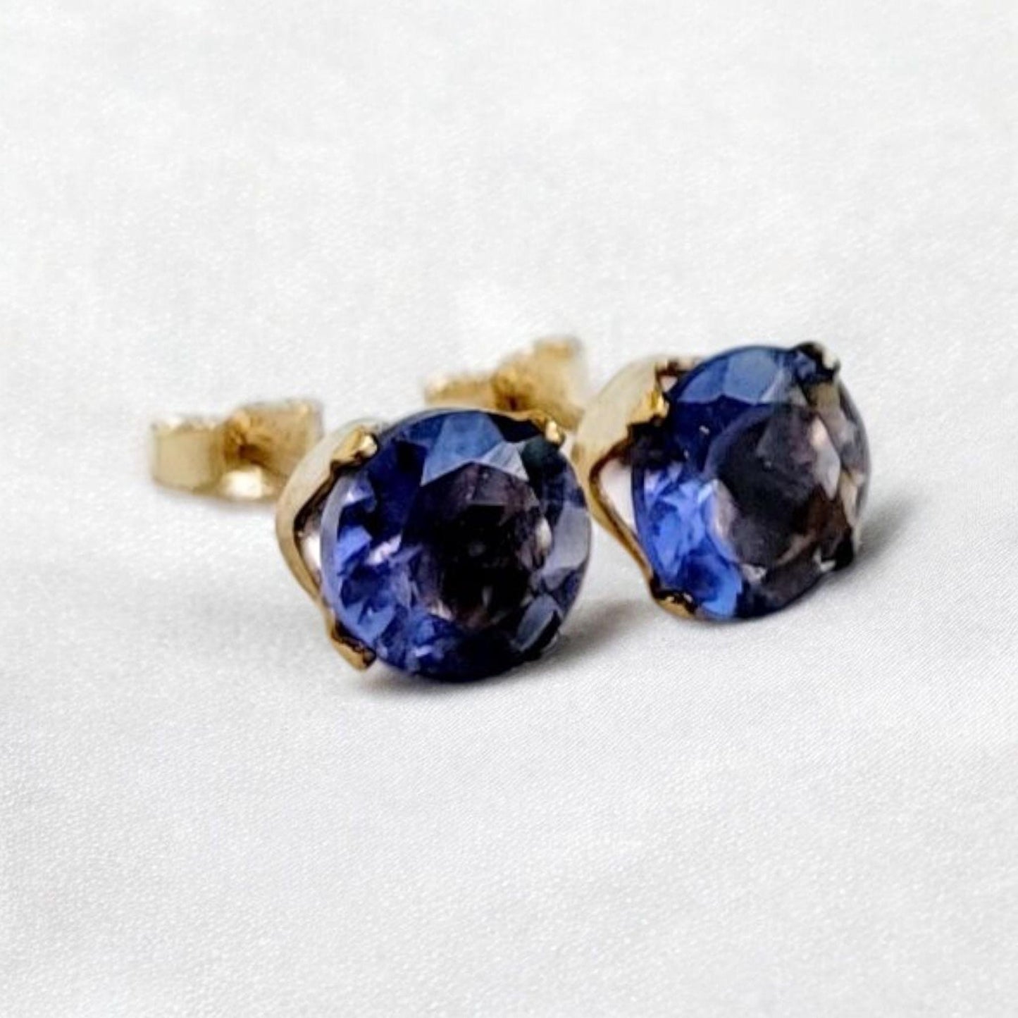 Iolite stud earrings in 14k solid gold, gold filled, or sterling silver — available in white, yellow, or rose gold and sizes 3mm, 4mm, 5mm, 6mm — natural violet-blue iolite gemstone studs, elegant minimalist jewelry gift.