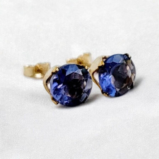 Iolite stud earrings in 14k solid gold, gold filled, or sterling silver — available in white, yellow, or rose gold and sizes 3mm, 4mm, 5mm, 6mm — natural violet-blue iolite gemstone studs, elegant minimalist jewelry gift.