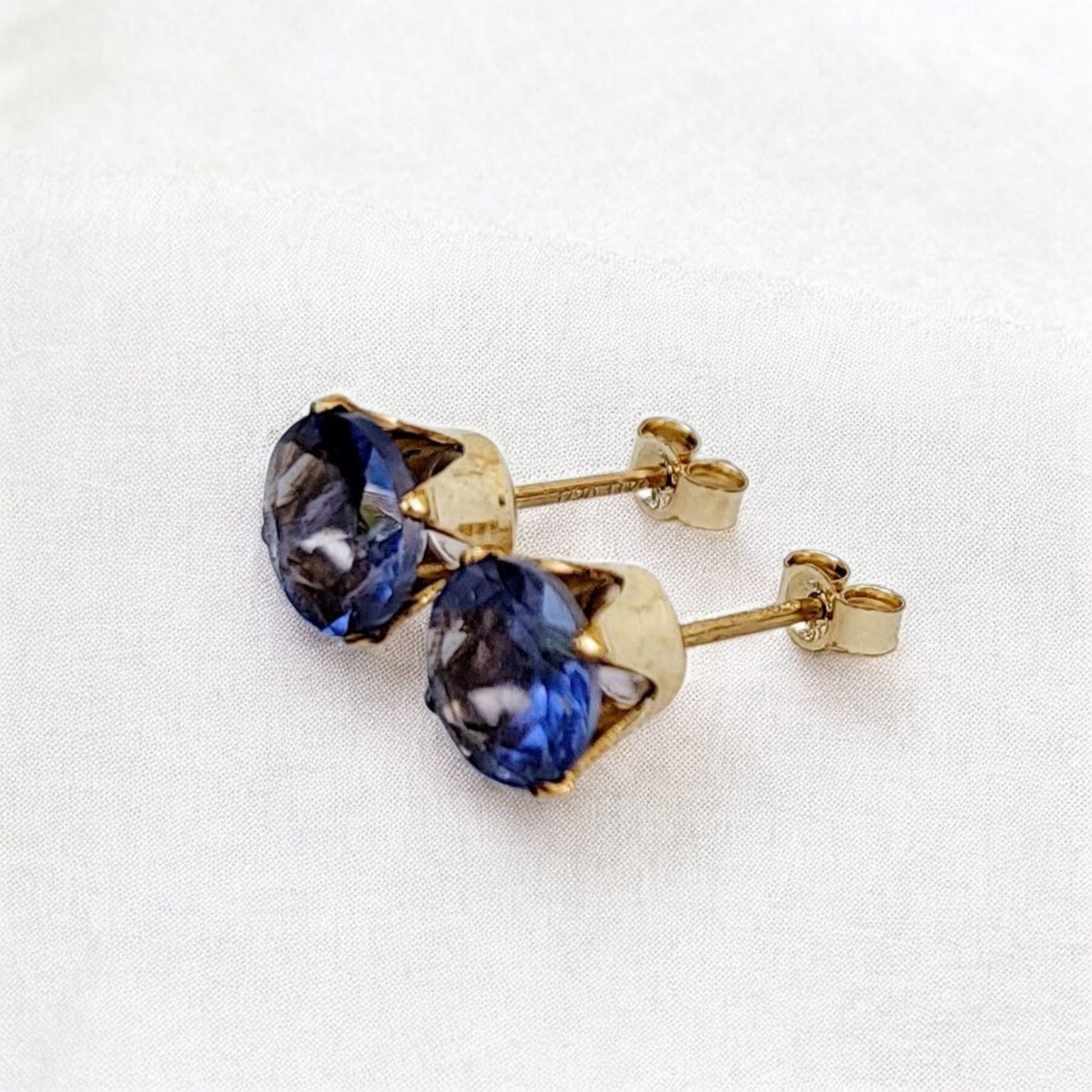 Iolite stud earrings in 14k solid gold, gold filled, or sterling silver — available in white, yellow, or rose gold and sizes 3mm, 4mm, 5mm, 6mm — natural violet-blue iolite gemstone studs, elegant minimalist jewelry gift.