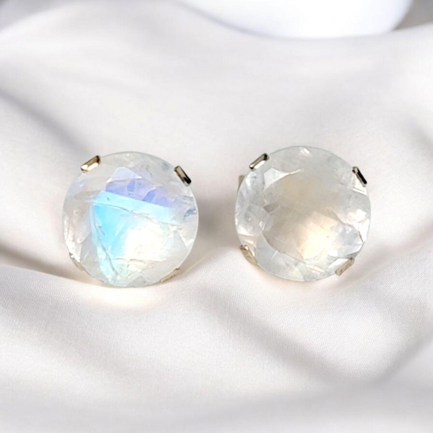 Rainbow moonstone stud earrings in 14k solid gold, gold filled, or sterling silver — available in white, yellow, or rose gold and sizes 3mm, 4mm, 5mm, 6mm — natural rainbow moonstone gemstone studs with blue flash, minimalist birthstone jewelry gift.