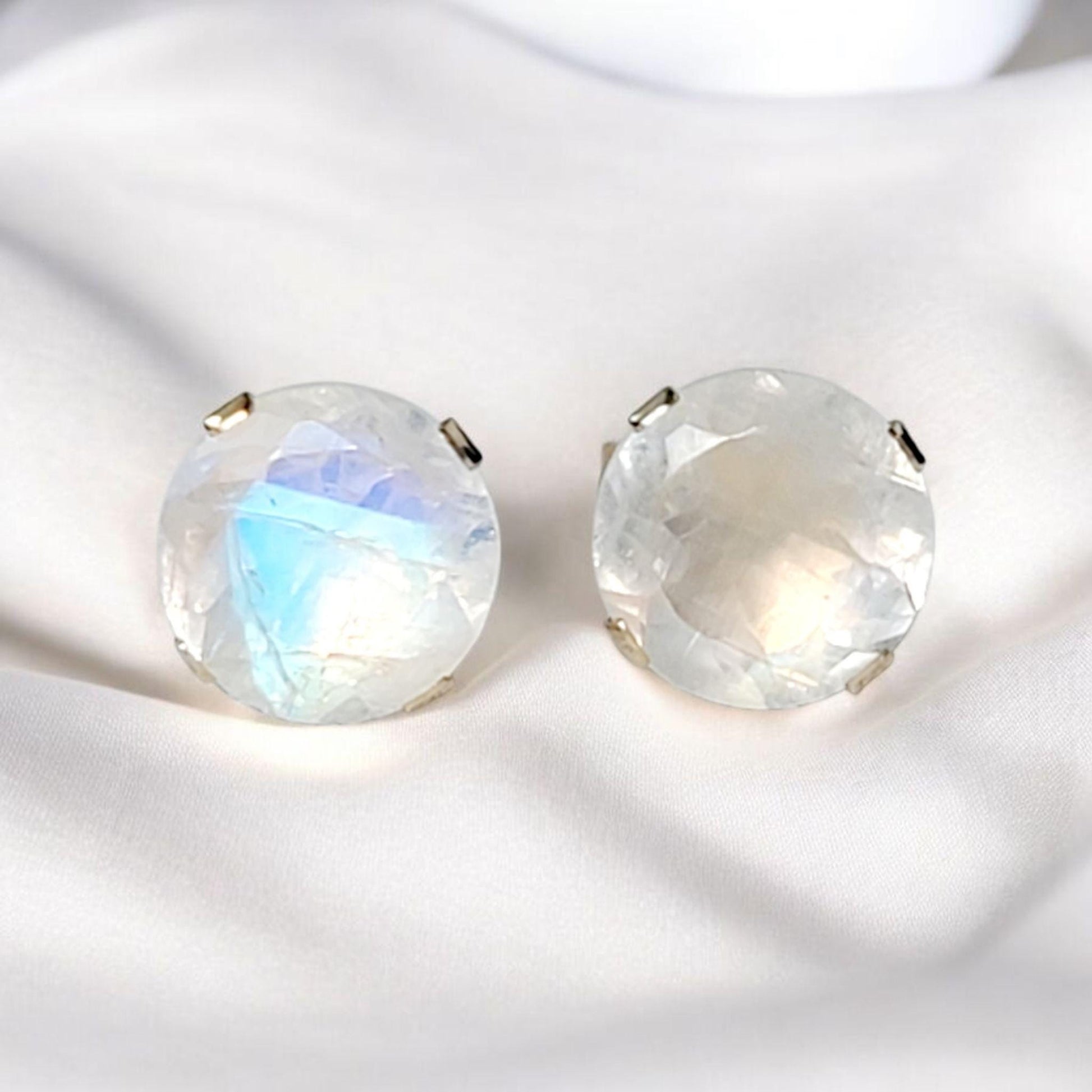 Rainbow moonstone stud earrings in 14k solid gold, gold filled, or sterling silver — available in white, yellow, or rose gold and sizes 3mm, 4mm, 5mm, 6mm — natural rainbow moonstone gemstone studs with blue flash, minimalist birthstone jewelry gift.