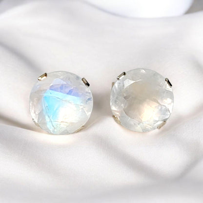 Rainbow moonstone stud earrings in 14k solid gold, gold filled, or sterling silver — available in white, yellow, or rose gold and sizes 3mm, 4mm, 5mm, 6mm — natural rainbow moonstone gemstone studs with blue flash, minimalist birthstone jewelry gift.