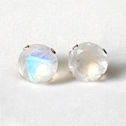 Rainbow moonstone stud earrings in 14k solid gold, gold filled, or sterling silver — available in white, yellow, or rose gold and sizes 3mm, 4mm, 5mm, 6mm — natural rainbow moonstone gemstone studs with blue flash, minimalist birthstone jewelry gift.