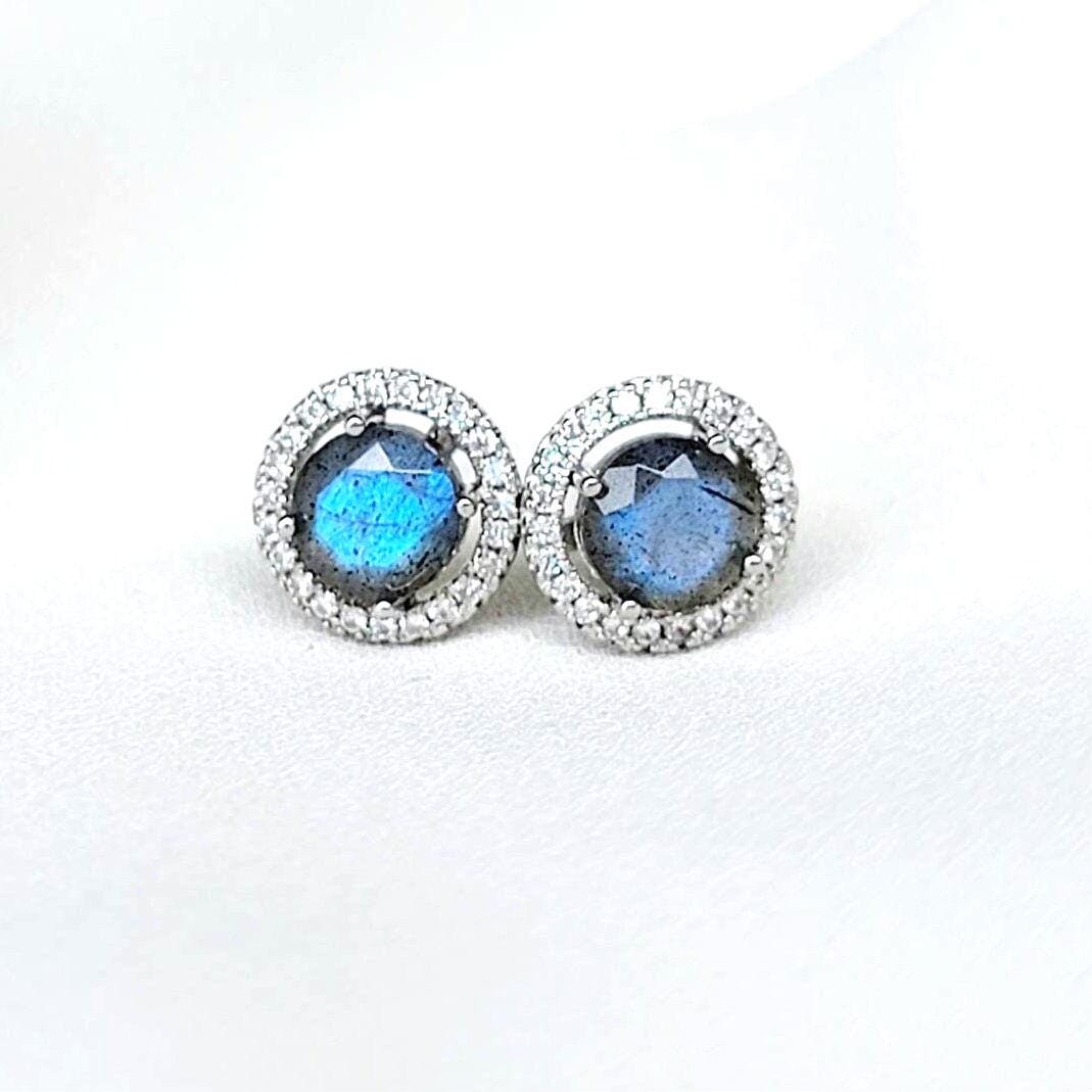 Labradorite Halo Earrings | Silver or Rose Gold Plating