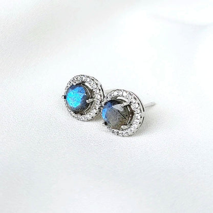 Labradorite Halo Earrings | Silver or Rose Gold Plating