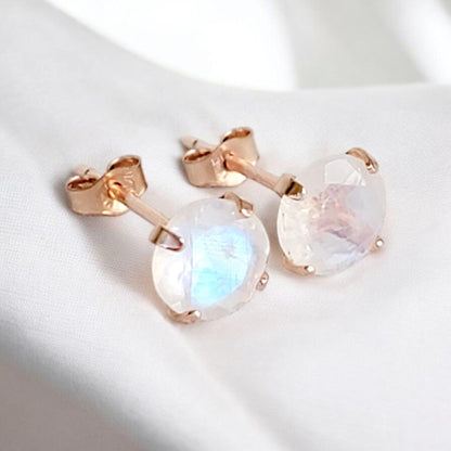 14k Rose Gold Sterling Silver Rainbow Moonstone Gemstone Stud Earrings - Solid Silver Earrings - Silver Genuine Moonstone Stud Earrings