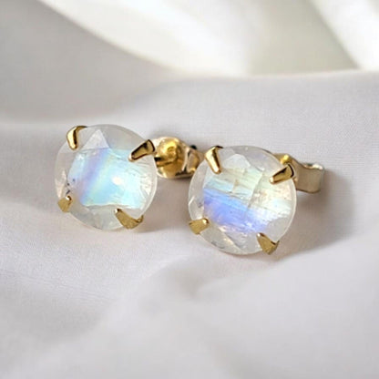 14k Rose Gold Sterling Silver Rainbow Moonstone Gemstone Stud Earrings - Solid Silver Earrings - Silver Genuine Moonstone Stud Earrings