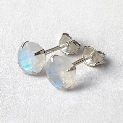 14k Rose Gold Sterling Silver Rainbow Moonstone Gemstone Stud Earrings - Solid Silver Earrings - Silver Genuine Moonstone Stud Earrings