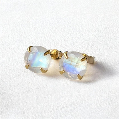 14k Rose Gold Sterling Silver Rainbow Moonstone Gemstone Stud Earrings - Solid Silver Earrings - Silver Genuine Moonstone Stud Earrings