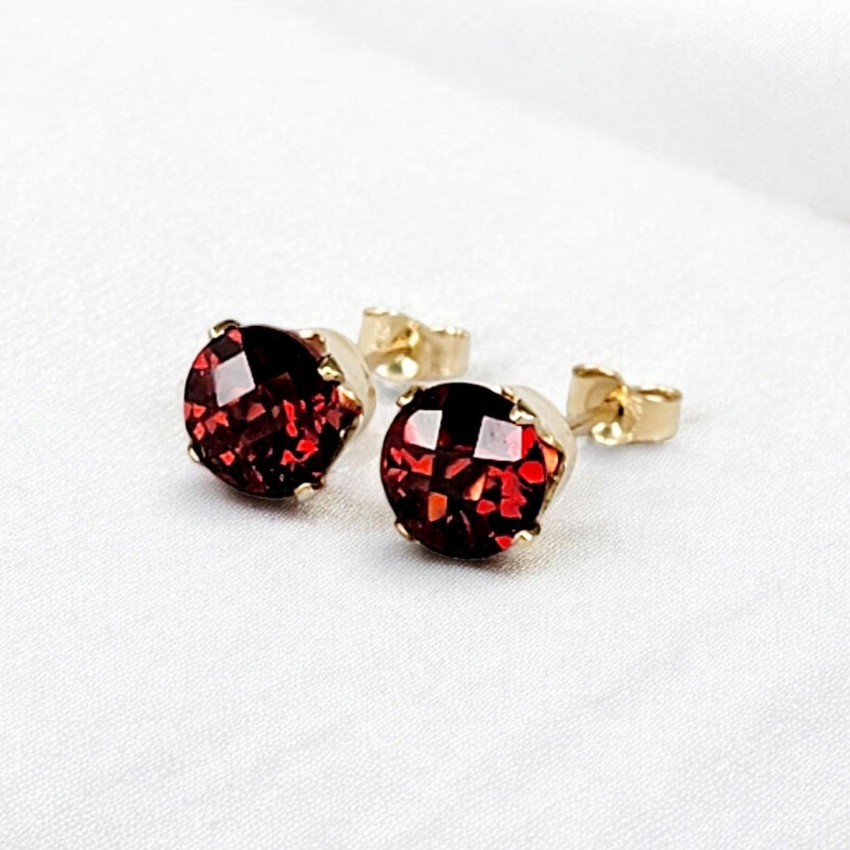Checkered cut garnet stud earrings in 14k solid gold, gold filled, or sterling silver — available in white, yellow, or rose gold and sizes 3mm, 4mm, 5mm, 6mm — deep red garnet gemstone studs with faceted checkered cut, January birthstone jewelry gift.