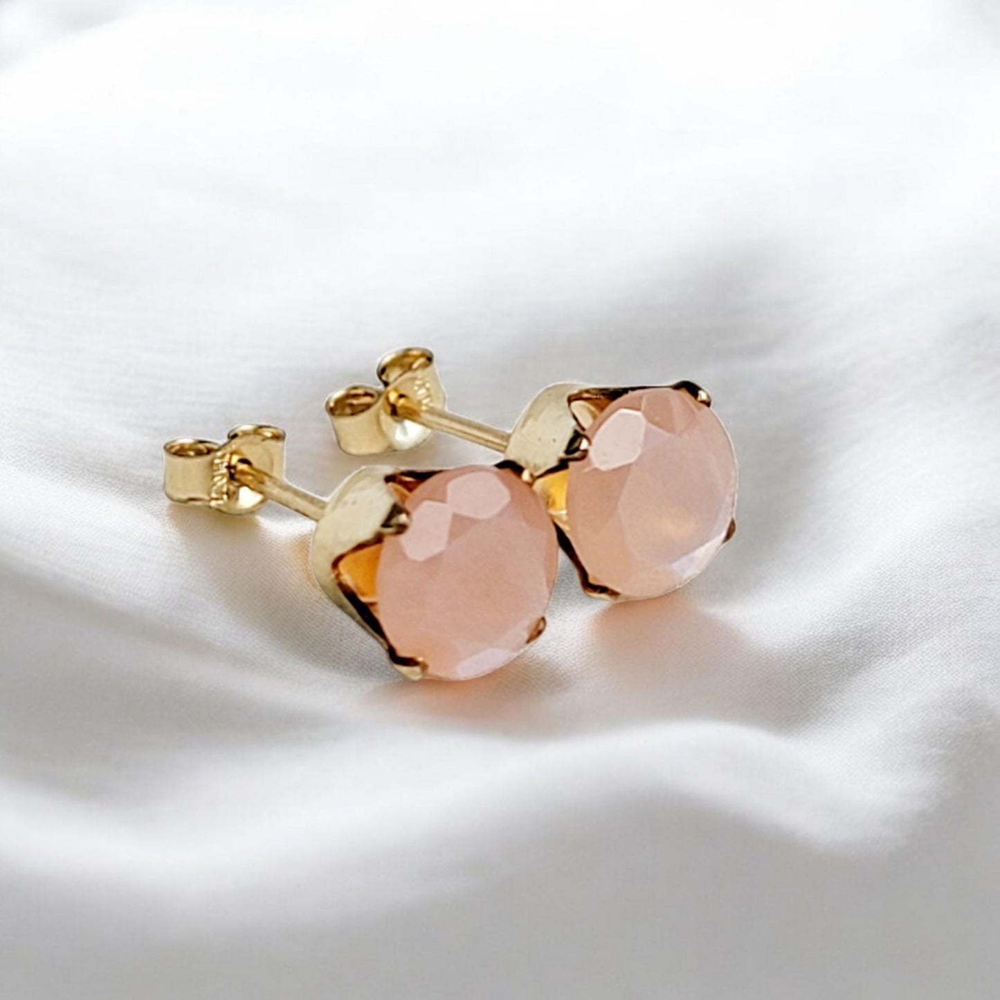 Peach moonstone stud earrings 14k solid gold, gold filled, or sterling silver — available in rose, yellow, or white gold settings