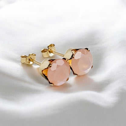 Peach moonstone stud earrings 14k solid gold, gold filled, or sterling silver — available in rose, yellow, or white gold settings