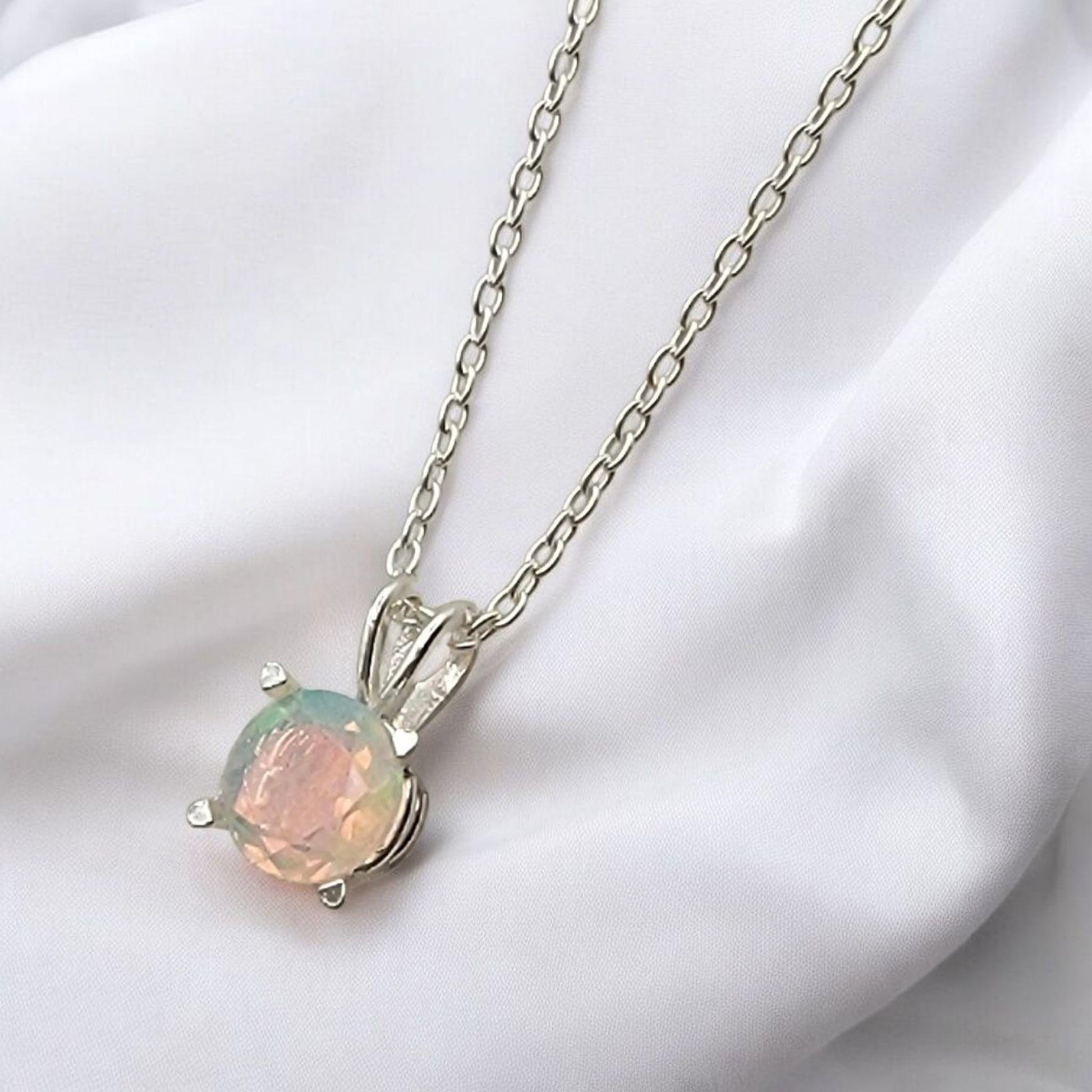 Ethiopian opal pendant in 14k solid gold (rose, yellow, white) or sterling silver, available in 6mm, 5mm, 4mm, and 3mm sizes with 16 or 18 inch chain or pendant only.