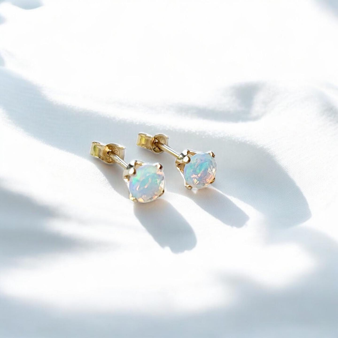 Ethiopian opal stud earrings 14k solid gold, gold filled, or sterling silver — available in rose, yellow, or white gold settings