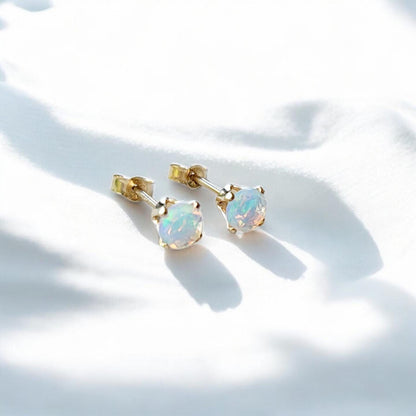 Ethiopian opal stud earrings 14k solid gold, gold filled, or sterling silver — available in rose, yellow, or white gold settings