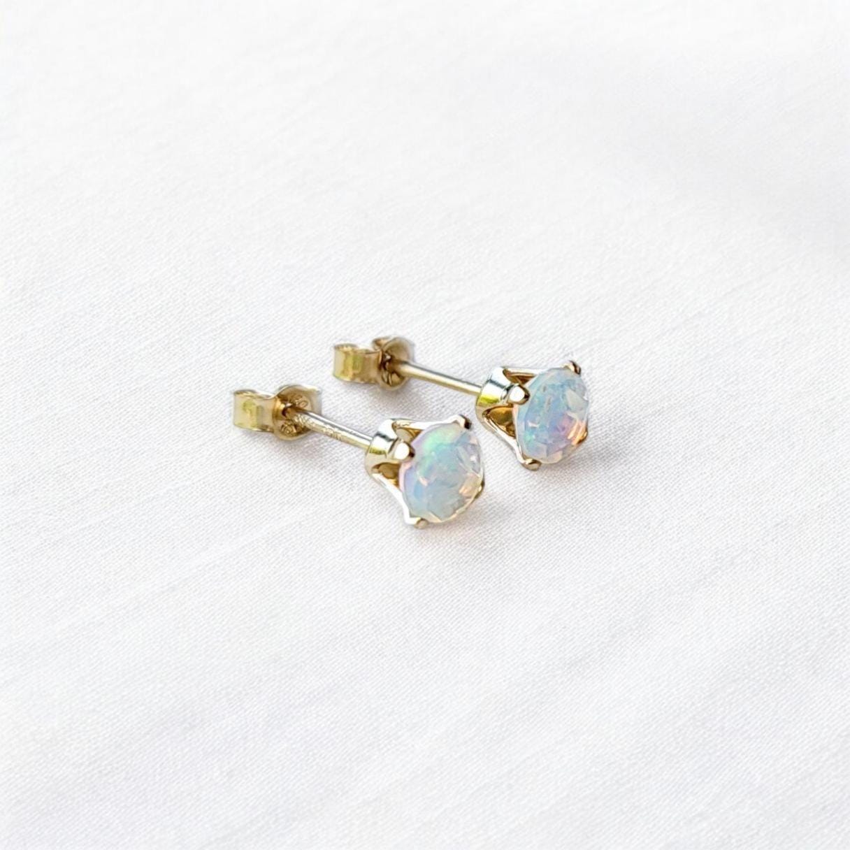 Ethiopian opal stud earrings 14k solid gold, gold filled, or sterling silver — available in rose, yellow, or white gold settings