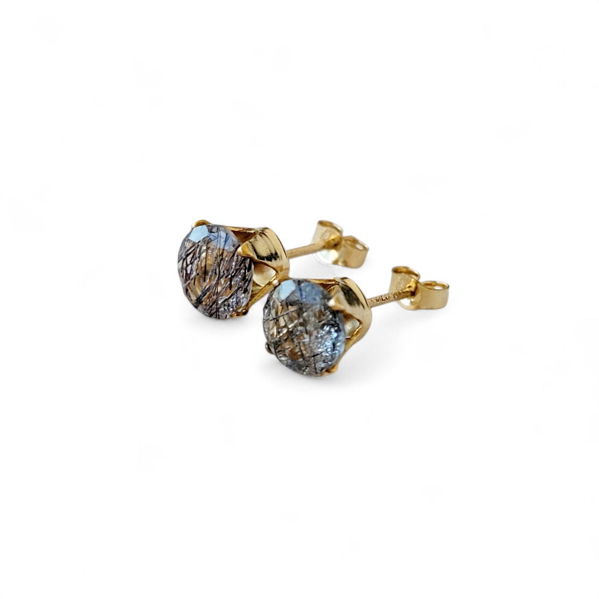Black rutile quartz stud earrings in 14k solid gold, gold filled, or sterling silver — available in white, yellow, or rose gold and sizes 3mm, 4mm, 5mm, 6mm — natural rutilated quartz gemstone studs, minimalist jewelry gift.