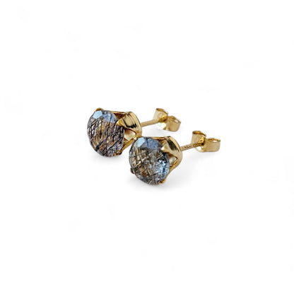 Black rutile quartz stud earrings in 14k solid gold, gold filled, or sterling silver — available in white, yellow, or rose gold and sizes 3mm, 4mm, 5mm, 6mm — natural rutilated quartz gemstone studs, minimalist jewelry gift.