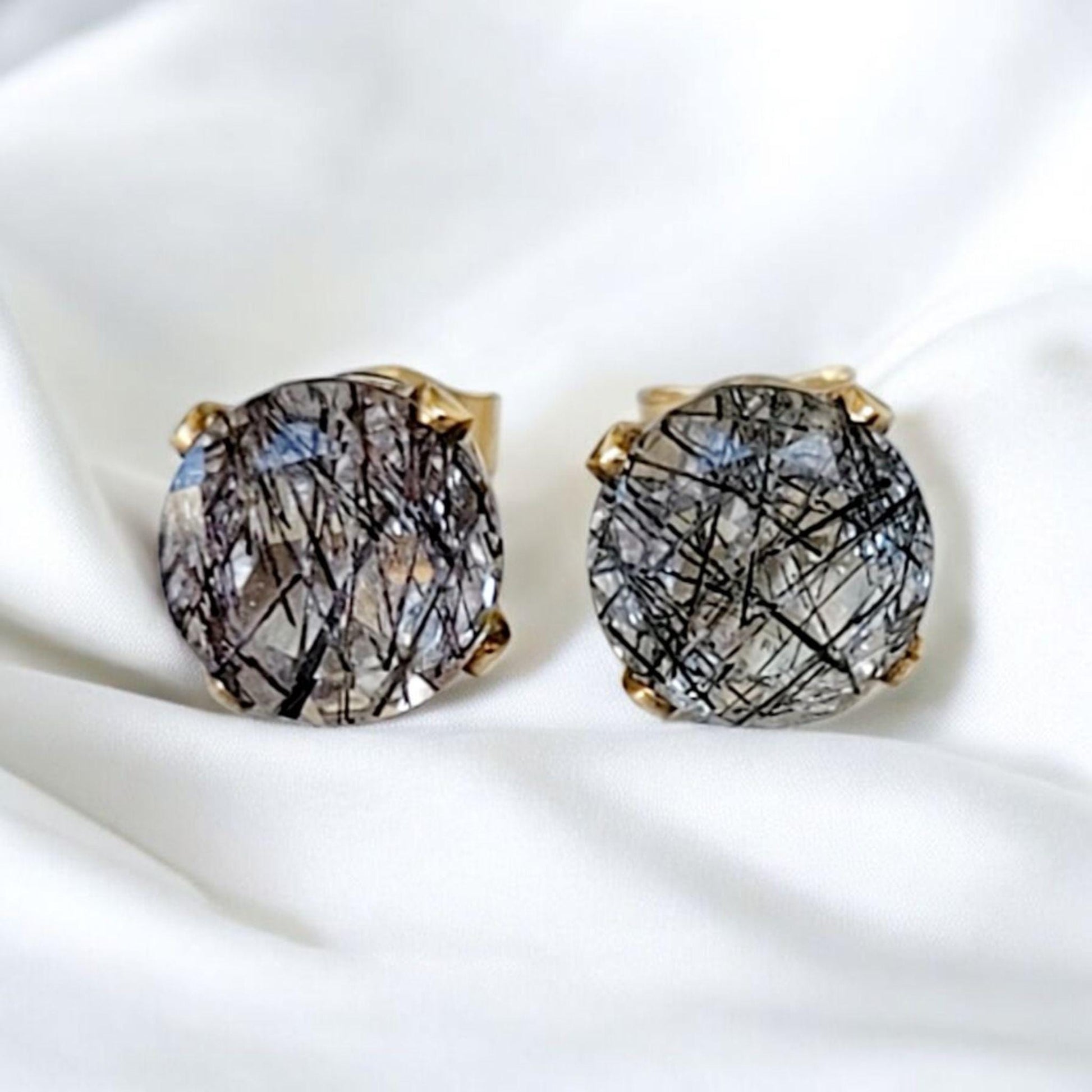 Black rutile quartz stud earrings in 14k solid gold, gold filled, or sterling silver — available in white, yellow, or rose gold and sizes 3mm, 4mm, 5mm, 6mm — natural rutilated quartz gemstone studs, minimalist jewelry gift.