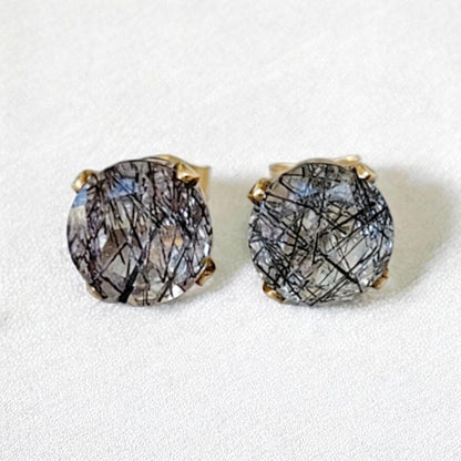 Black rutile quartz stud earrings in 14k solid gold, gold filled, or sterling silver — available in white, yellow, or rose gold and sizes 3mm, 4mm, 5mm, 6mm — natural rutilated quartz gemstone studs, minimalist jewelry gift.