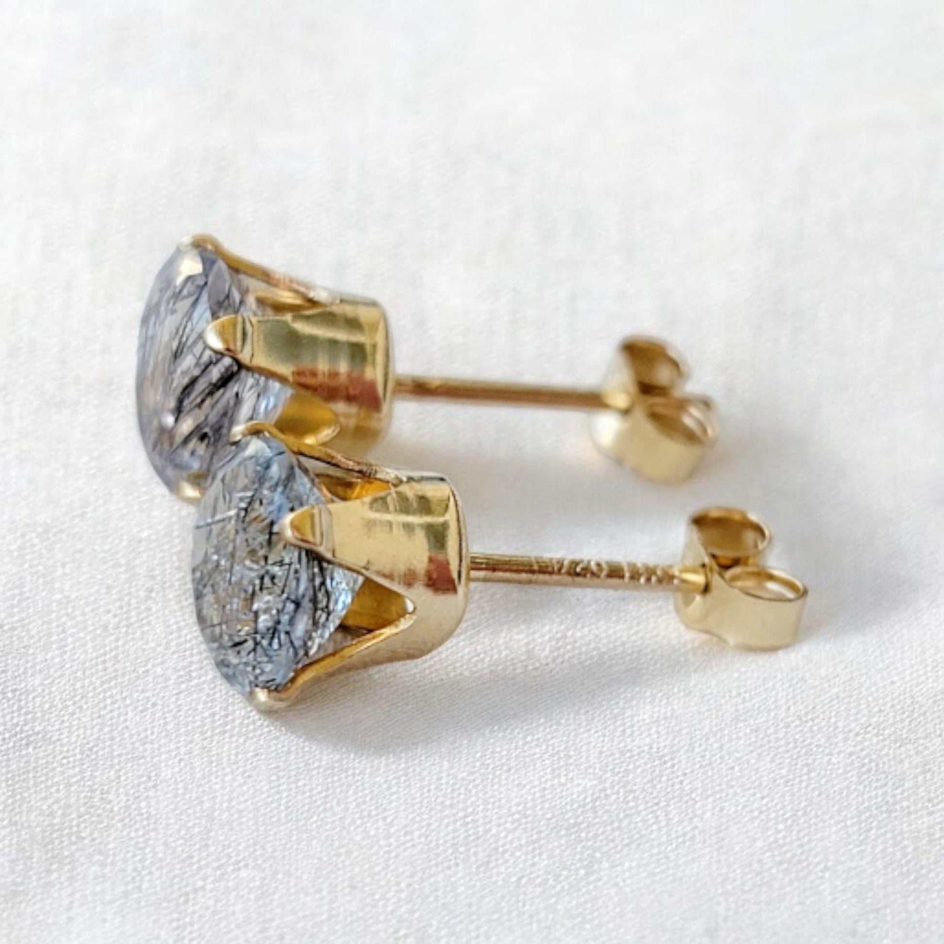 Black rutile quartz stud earrings in 14k solid gold, gold filled, or sterling silver — available in white, yellow, or rose gold and sizes 3mm, 4mm, 5mm, 6mm — natural rutilated quartz gemstone studs, minimalist jewelry gift.