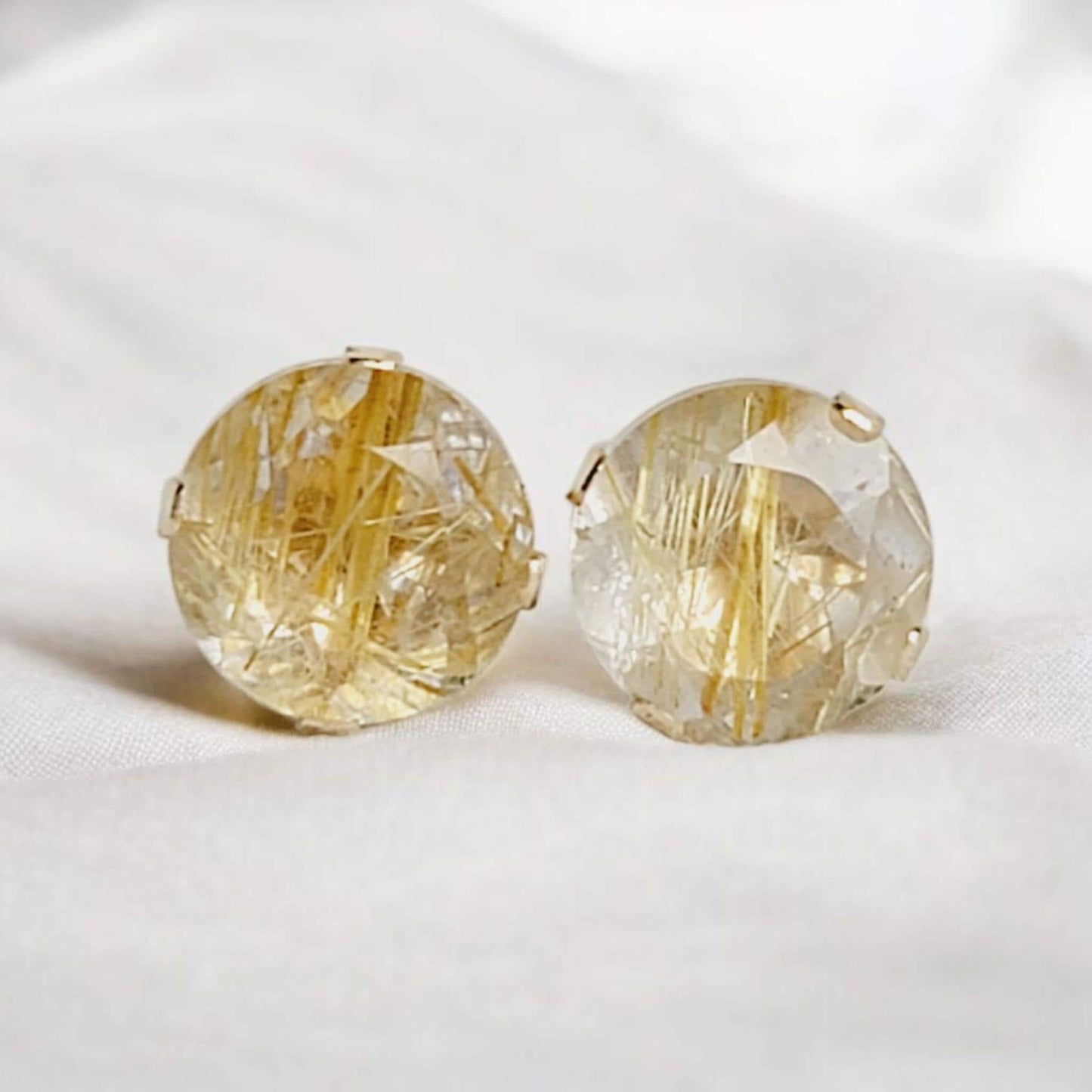 Gold rutile quartz stud earrings in 14k solid gold, gold filled, or sterling silver — available in white, yellow, or rose gold and sizes 3mm, 4mm, 5mm, 6mm — natural rutilated quartz gemstone studs with golden inclusions, minimalist jewelry gift.