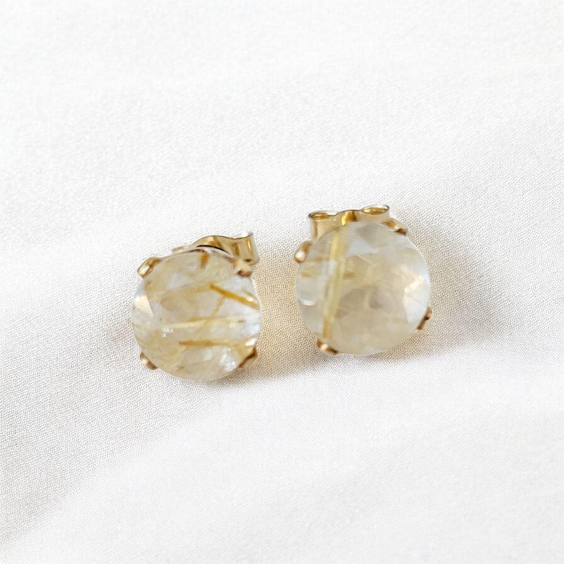 Gold rutile quartz stud earrings in 14k solid gold, gold filled, or sterling silver — available in white, yellow, or rose gold and sizes 3mm, 4mm, 5mm, 6mm — natural rutilated quartz gemstone studs with golden inclusions, minimalist jewelry gift.