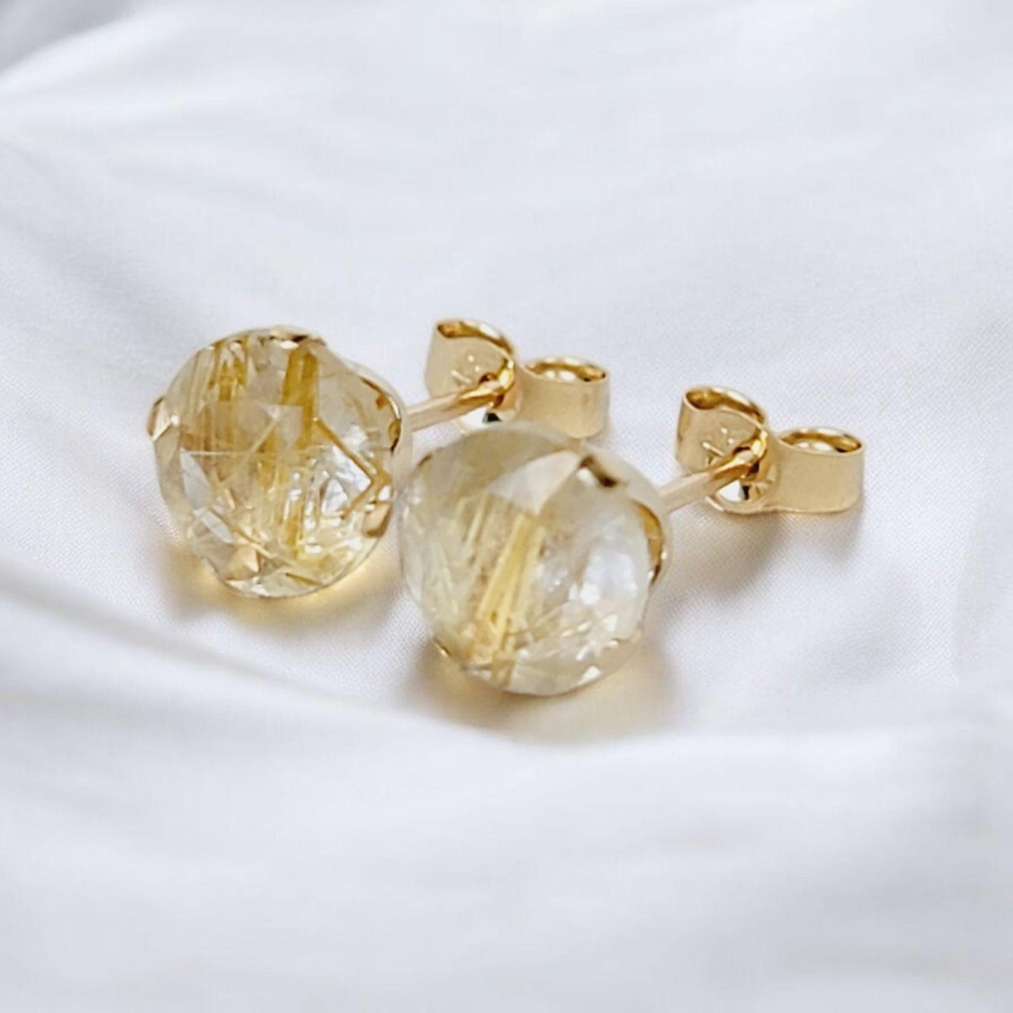 Gold rutile quartz stud earrings in 14k solid gold, gold filled, or sterling silver — available in white, yellow, or rose gold and sizes 3mm, 4mm, 5mm, 6mm — natural rutilated quartz gemstone studs with golden inclusions, minimalist jewelry gift.