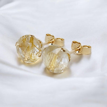 Gold rutile quartz stud earrings in 14k solid gold, gold filled, or sterling silver — available in white, yellow, or rose gold and sizes 3mm, 4mm, 5mm, 6mm — natural rutilated quartz gemstone studs with golden inclusions, minimalist jewelry gift.