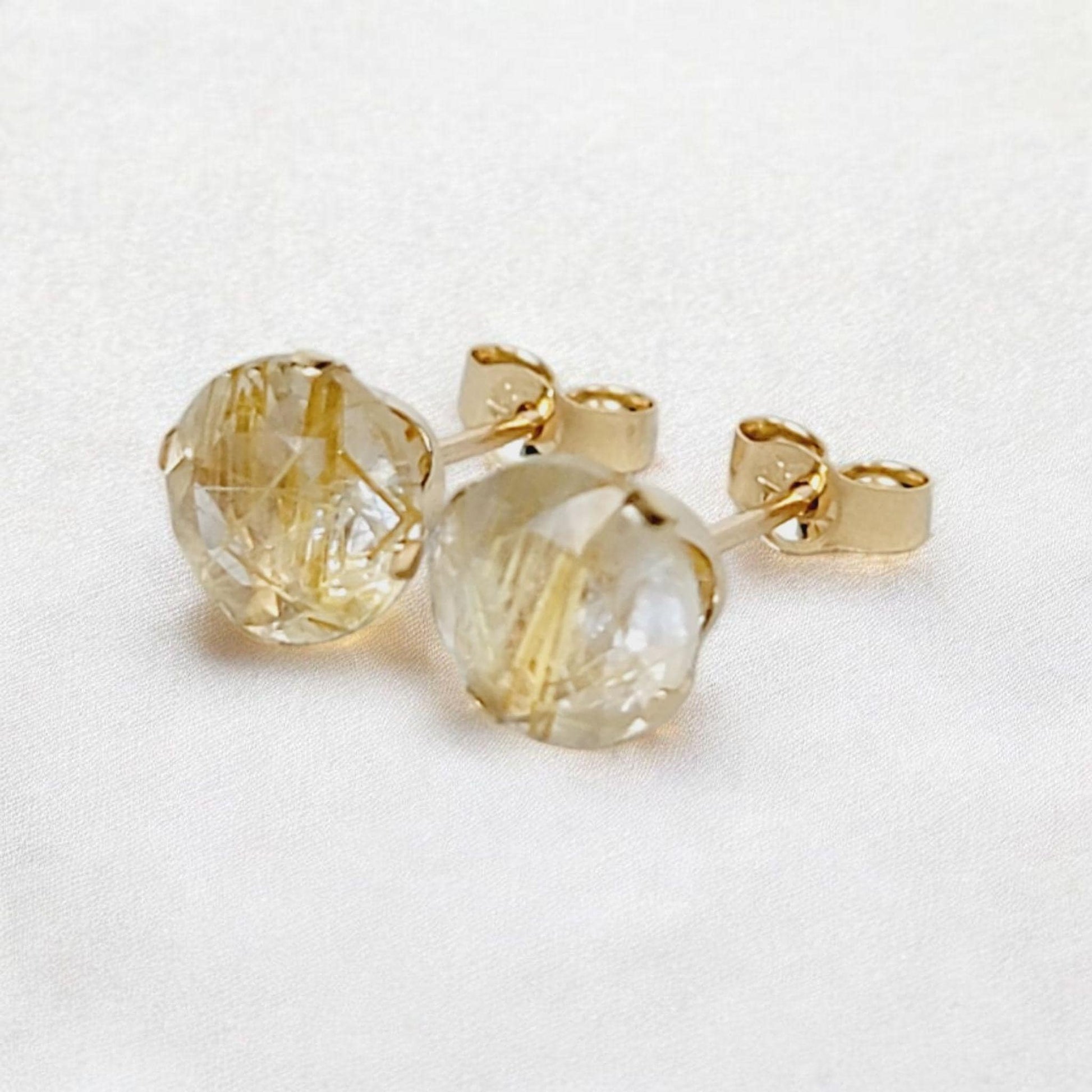 Gold rutile quartz stud earrings in 14k solid gold, gold filled, or sterling silver — available in white, yellow, or rose gold and sizes 3mm, 4mm, 5mm, 6mm — natural rutilated quartz gemstone studs with golden inclusions, minimalist jewelry gift.