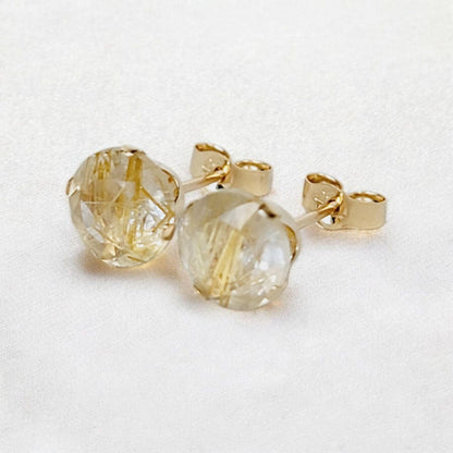 Gold rutile quartz stud earrings in 14k solid gold, gold filled, or sterling silver — available in white, yellow, or rose gold and sizes 3mm, 4mm, 5mm, 6mm — natural rutilated quartz gemstone studs with golden inclusions, minimalist jewelry gift.