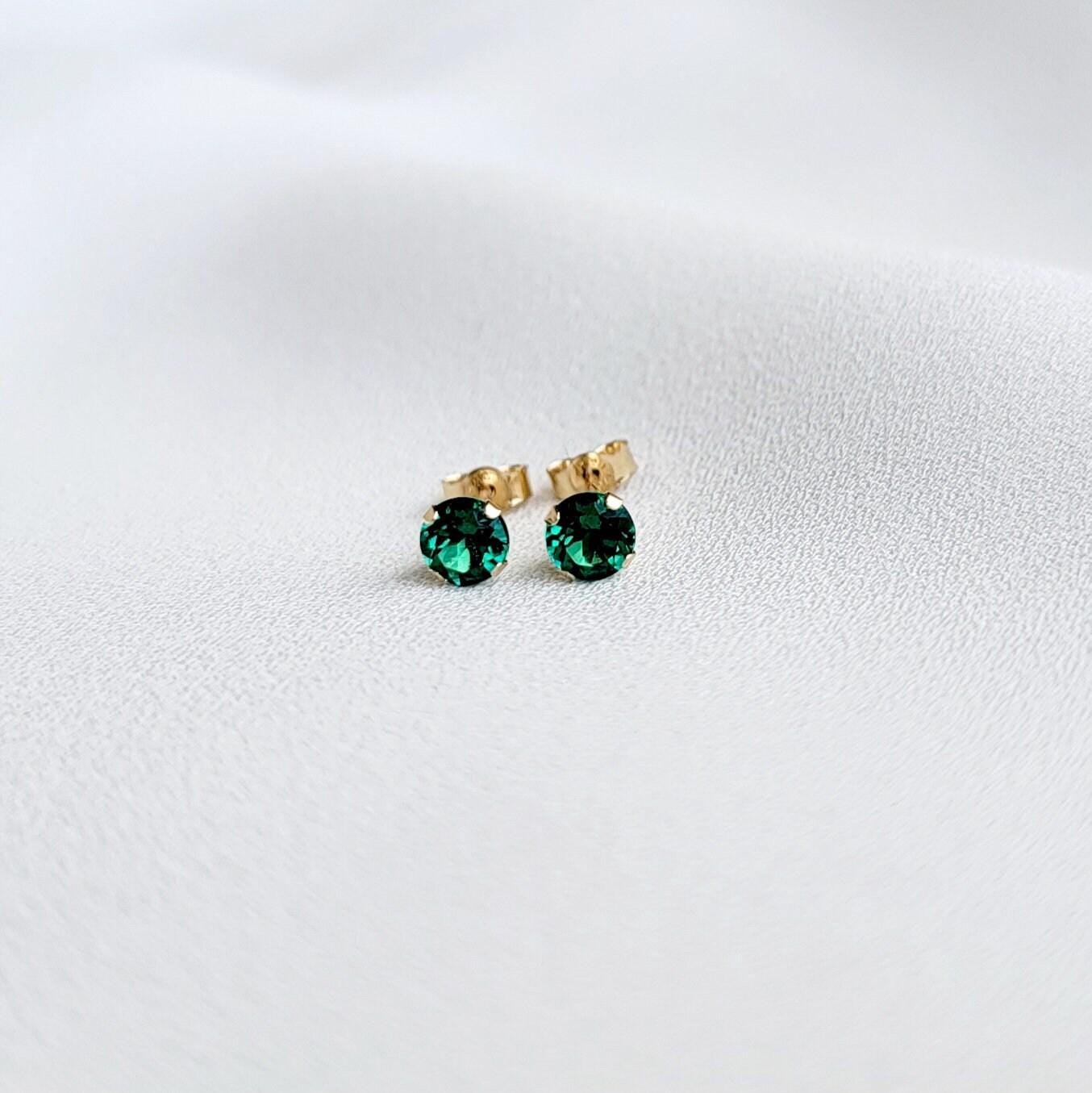 Sustainable lab-created emerald stud earrings in 14k solid gold, gold filled, or sterling silver — available in white, yellow, or rose gold and sizes 3mm, 4mm, 5mm, 6mm — eco-friendly gemstone earrings and ethical jewelry gift.