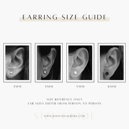 Earring size guide with four images of ears with different sized earrings. The earrings are 3mm, 4mm, 5mm, and 6mm. The text reads &#39;Earring Size Guide&#39;, &#39;Size Reference Only&#39;, &#39;Ear Sizes Differ From Person To Person&#39;, and &#39;www.jewelsolaura.com&#39;.