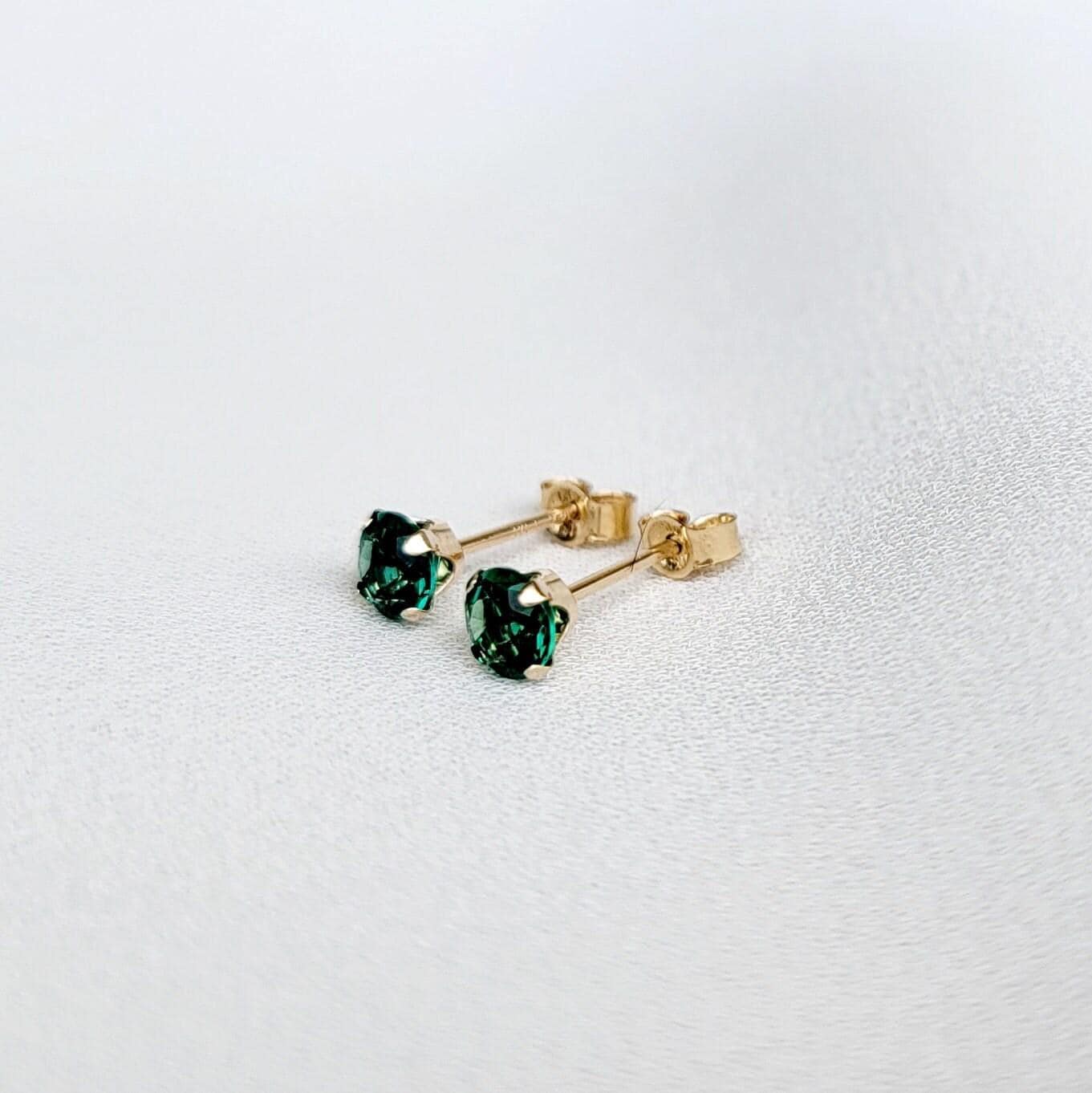 Sustainable lab-created emerald stud earrings in 14k solid gold, gold filled, or sterling silver — available in white, yellow, or rose gold and sizes 3mm, 4mm, 5mm, 6mm — eco-friendly gemstone earrings and ethical jewelry gift.