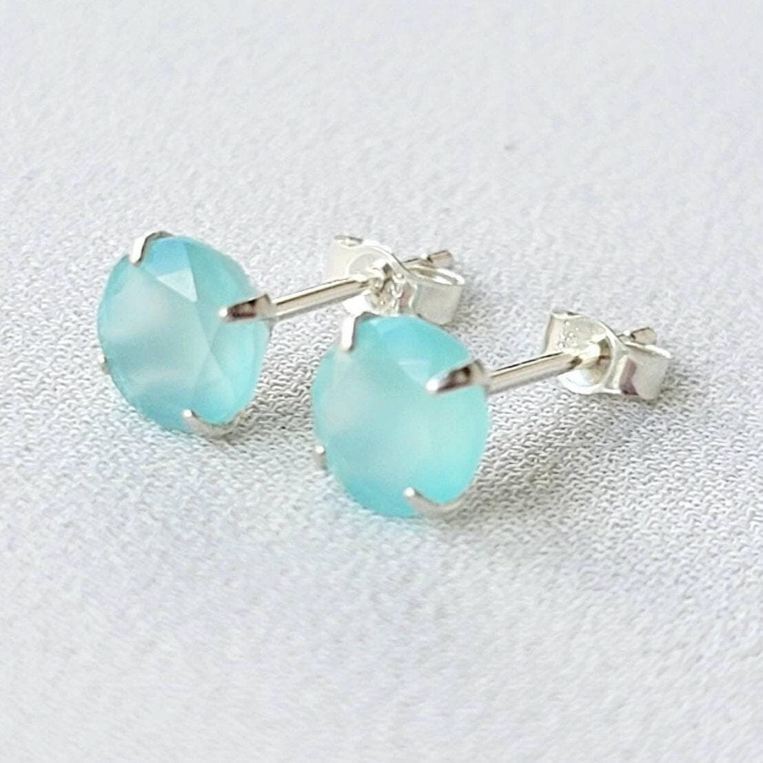 Aqua Chalcedony Stud Earrings – Sterling Silver or Gold Plated (3–6mm)