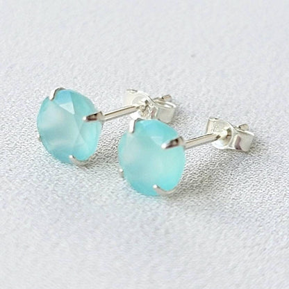 Aqua Chalcedony Stud Earrings – Sterling Silver or Gold Plated (3–6mm)