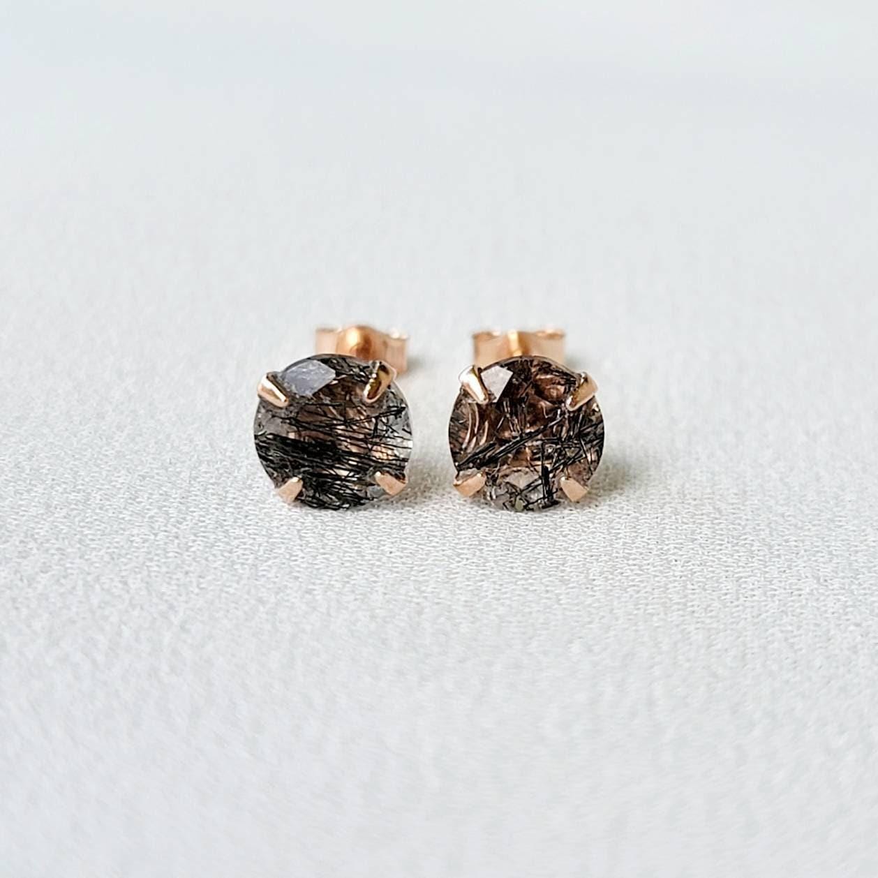 Black Rutilated Quartz Stud Earrings – Sterling Silver or Gold Plated (3–6mm)