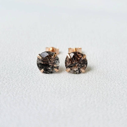 Black Rutilated Quartz Stud Earrings – Sterling Silver or Gold Plated (3–6mm)
