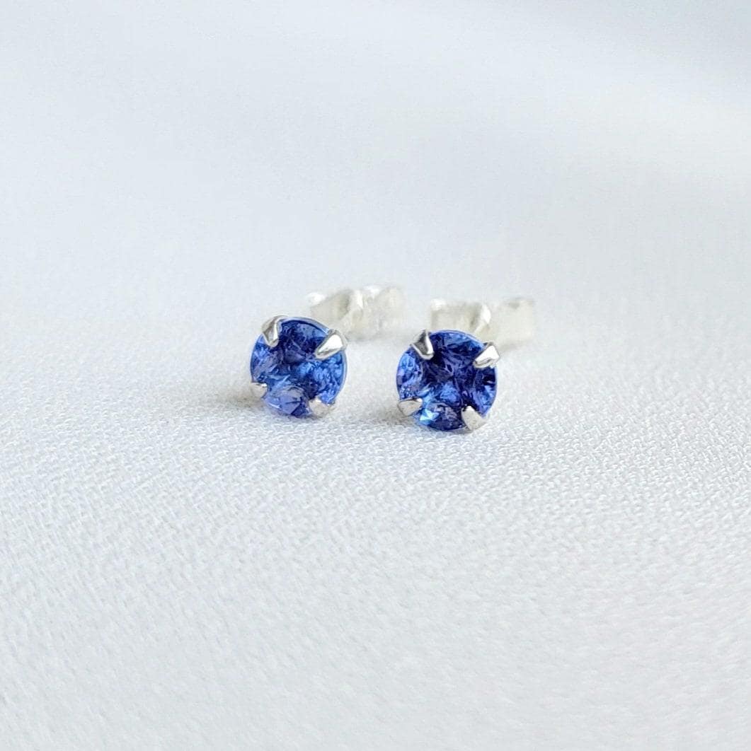 14k Gold Sterling Silver Tanzanite Gemstone Stud Earrings - 925 4mm Solid Silver Earrings - Silver Tanzanite Earrings- Stud Earrings