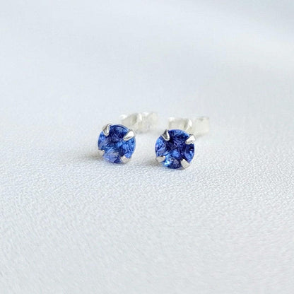 14k Gold Sterling Silver Tanzanite Gemstone Stud Earrings - 925 4mm Solid Silver Earrings - Silver Tanzanite Earrings- Stud Earrings
