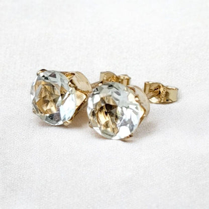 Green amethyst stud earrings in 14k solid gold, gold filled, or sterling silver — available in white, yellow, or rose gold and sizes 3mm, 4mm, 5mm, 6mm — natural prasiolite gemstone studs, elegant minimalist birthstone jewelry gift.
