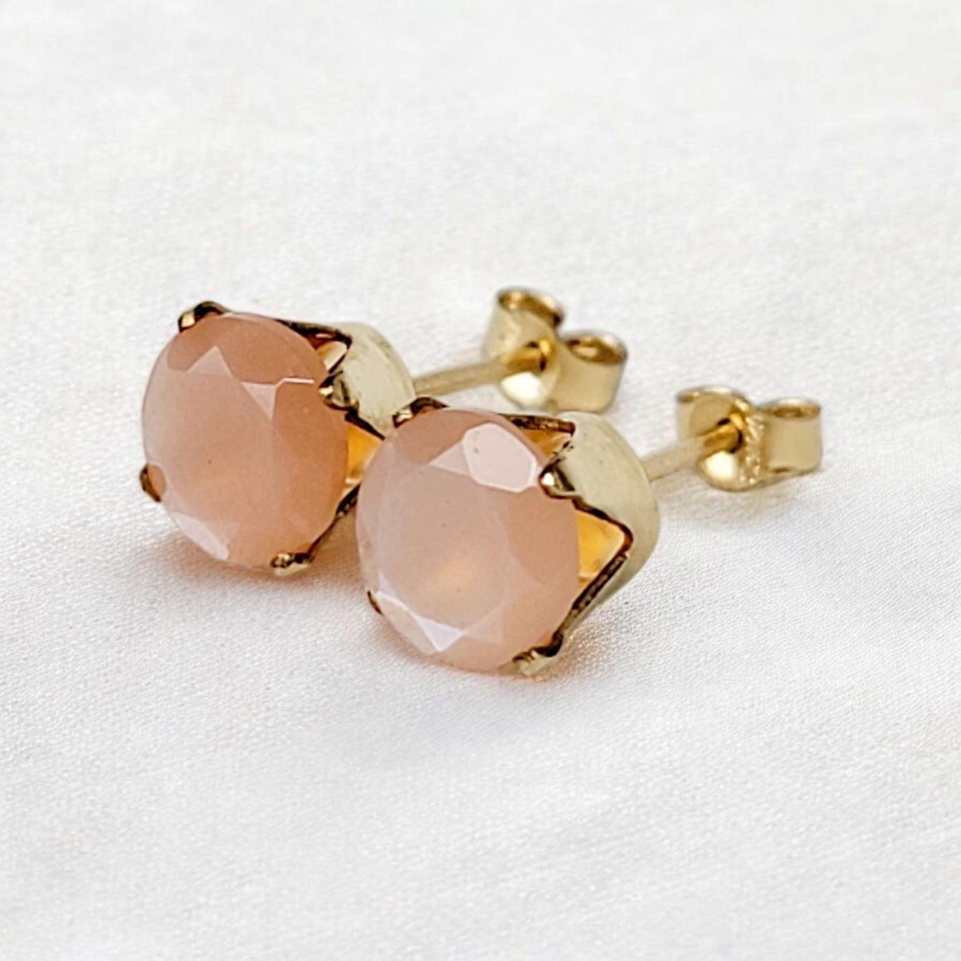 Peach moonstone stud earrings 14k solid gold, gold filled, or sterling silver — available in rose, yellow, or white gold settings