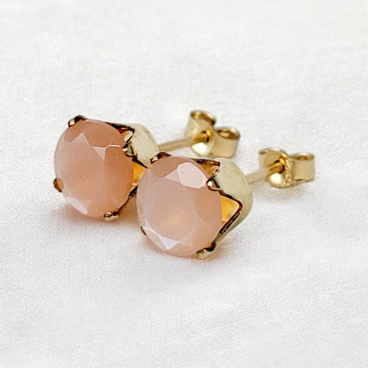 Peach moonstone stud earrings 14k solid gold, gold filled, or sterling silver — available in rose, yellow, or white gold settings
