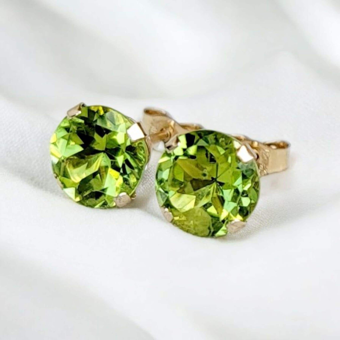 Peridot stud earrings in 14k solid gold, gold filled, or sterling silver — available in white, yellow, or rose gold and sizes 3mm, 4mm, 5mm, 6mm — natural green peridot gemstone studs, August birthstone jewelry gift.