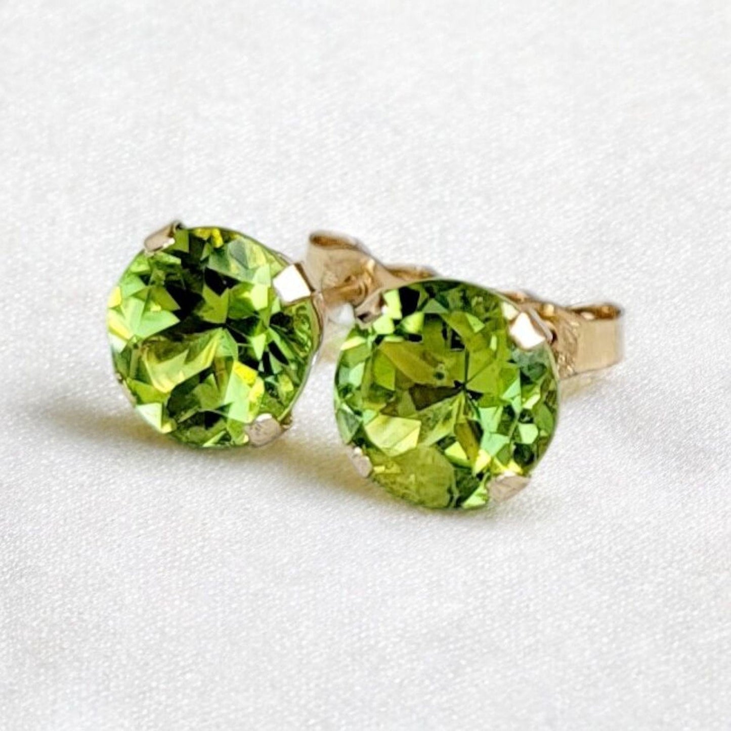 Peridot stud earrings in 14k solid gold, gold filled, or sterling silver — available in white, yellow, or rose gold and sizes 3mm, 4mm, 5mm, 6mm — natural green peridot gemstone studs, August birthstone jewelry gift.