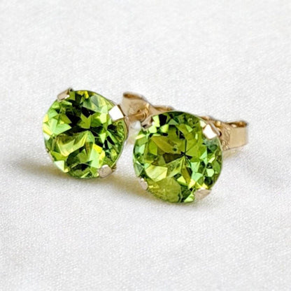 Peridot stud earrings in 14k solid gold, gold filled, or sterling silver — available in white, yellow, or rose gold and sizes 3mm, 4mm, 5mm, 6mm — natural green peridot gemstone studs, August birthstone jewelry gift.