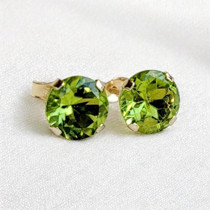 Peridot stud earrings in 14k solid gold, gold filled, or sterling silver — available in white, yellow, or rose gold and sizes 3mm, 4mm, 5mm, 6mm — natural green peridot gemstone studs, August birthstone jewelry gift.