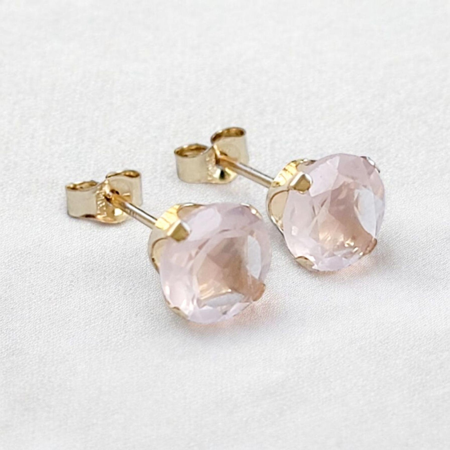 Rose quartz stud earrings available in 14k solid gold, gold filled, or sterling silver — choose rose, yellow, or white gold for an elegant natural gemstone look.