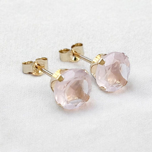 Rose quartz stud earrings available in 14k solid gold, gold filled, or sterling silver — choose rose, yellow, or white gold for an elegant natural gemstone look.