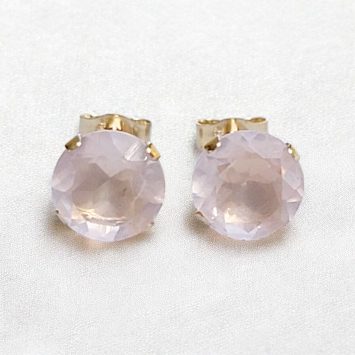 Rose quartz stud earrings available in 14k solid gold, gold filled, or sterling silver — choose rose, yellow, or white gold for an elegant natural gemstone look.